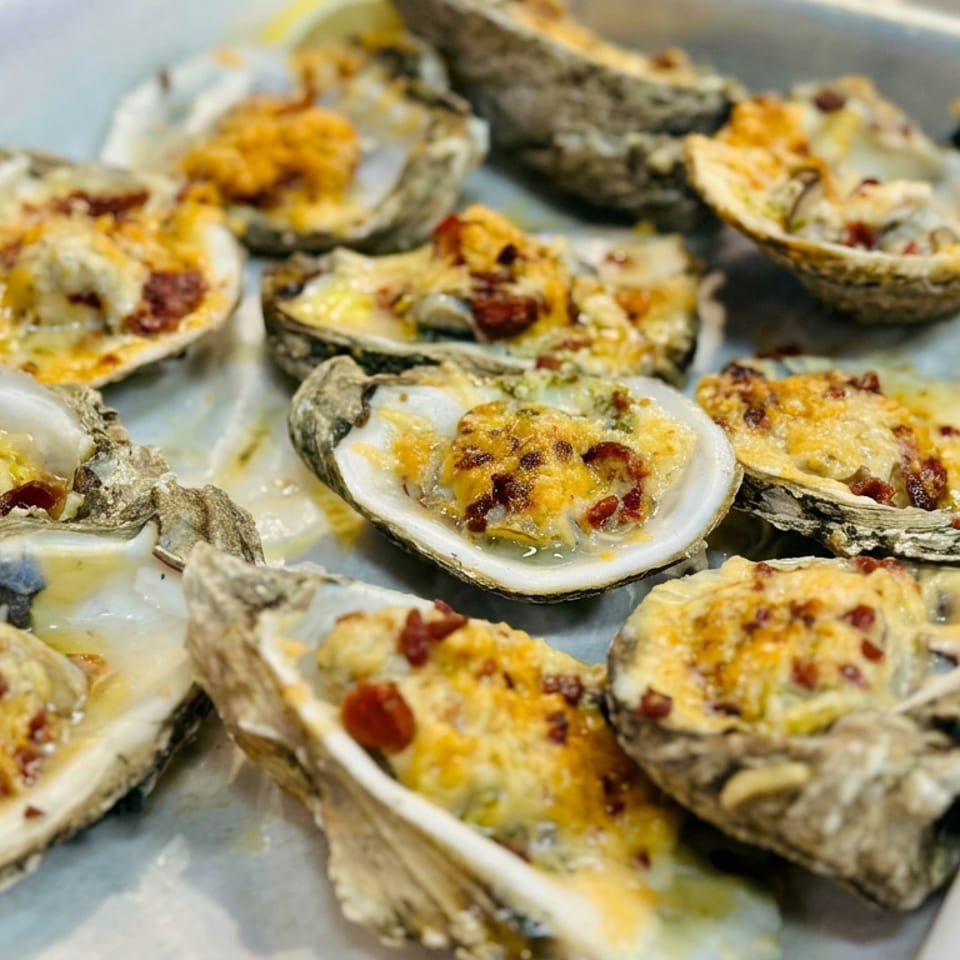 Platter of baked oysters topped with melted cheese and bacon on a white serving tray.