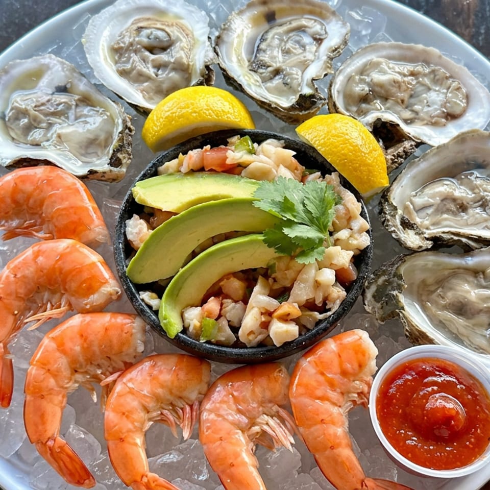 Seafood platter with oysters, cooked shrimp, lemon wedges, avocado-topped ceviche, and cocktail sauce on ice.