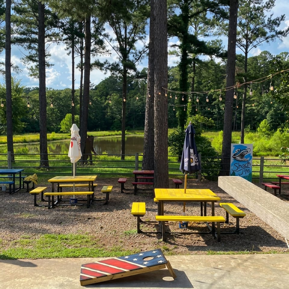 Outdoor restaurant patio with colorful picnic tables, umbrellas, string lights, cornhole board, and pond surrounded by pine trees.