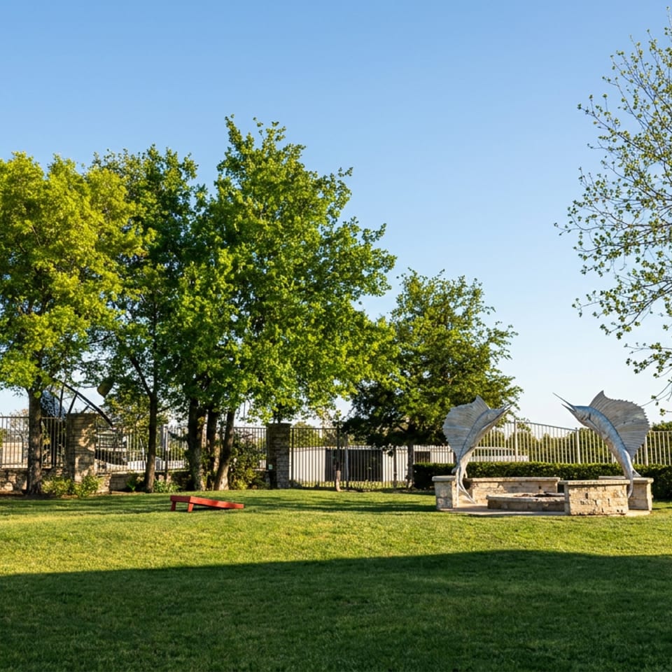 Sunny restaurant grounds with manicured lawn, mature trees, metal fencing, stone walls, and a large fish sculpture.