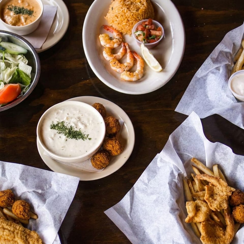 Assorted seafood platters with fried fish, shrimp, fries, hush puppies, salad, rice, and creamy dipping sauces on a wooden table.