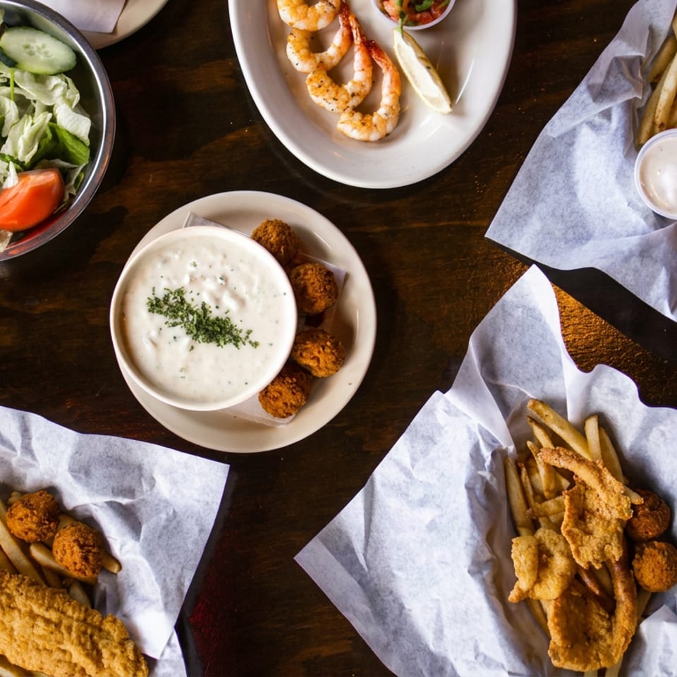 Overhead spread of fried seafood, shrimp, fries, hush puppies, salad, and dipping sauces on a dark wooden table.